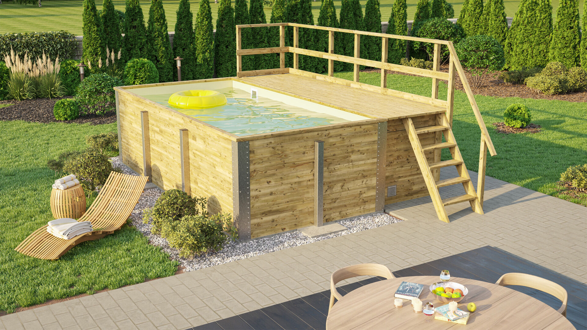 weka Massivholzpool 595 Gr. 1, Folie Sand, inkl. Technikraum/Sonnendeck und Sandfilteranlage, 6 Metallstützen