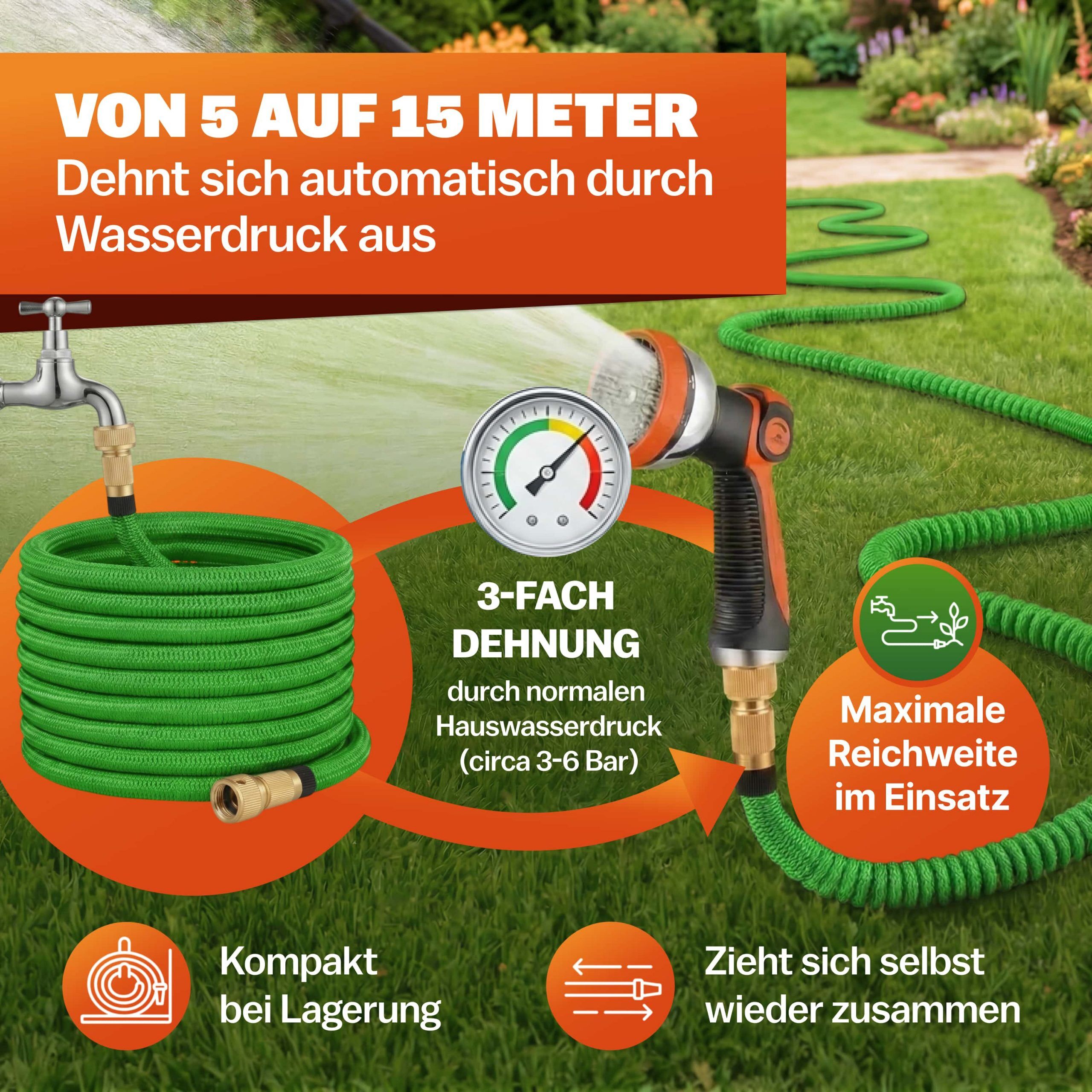 Gartenschlauch Grün 15m flexibel