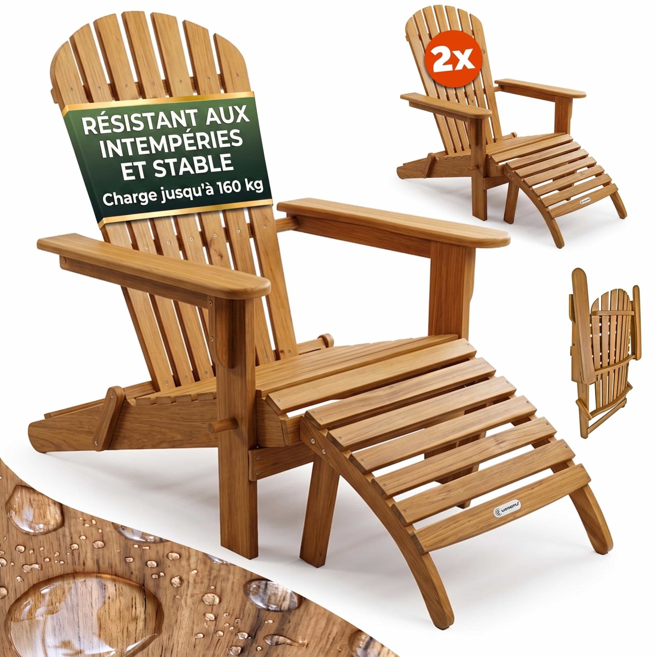 Liegestuhl Adirondack 2er-Set Akazienholz + Fußstützen