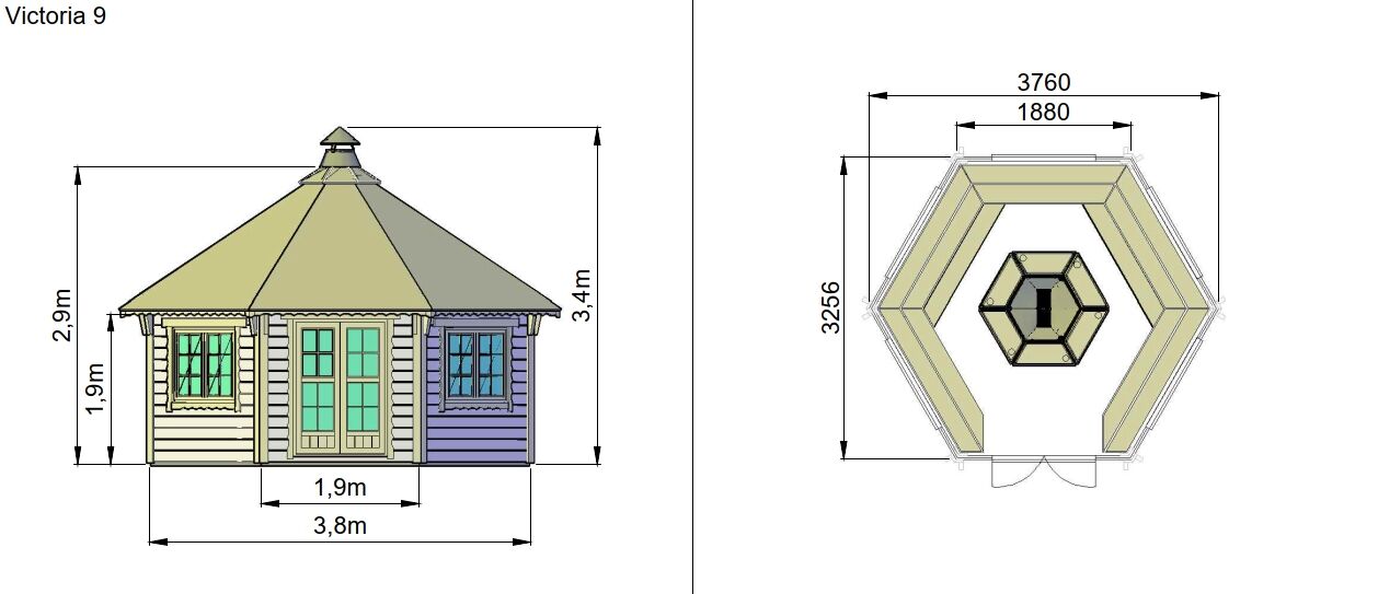 Zeichnung und Grundriss Grillpavillon Victoria 9,2 m²