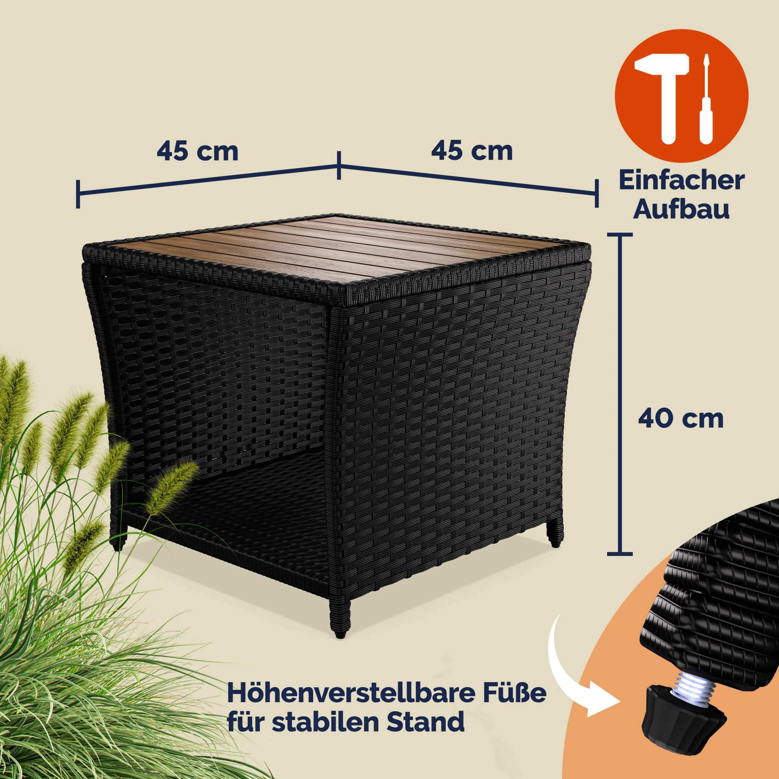 Polyrattan Beistelltisch Schwarz 40x45x45cm Akazienholz