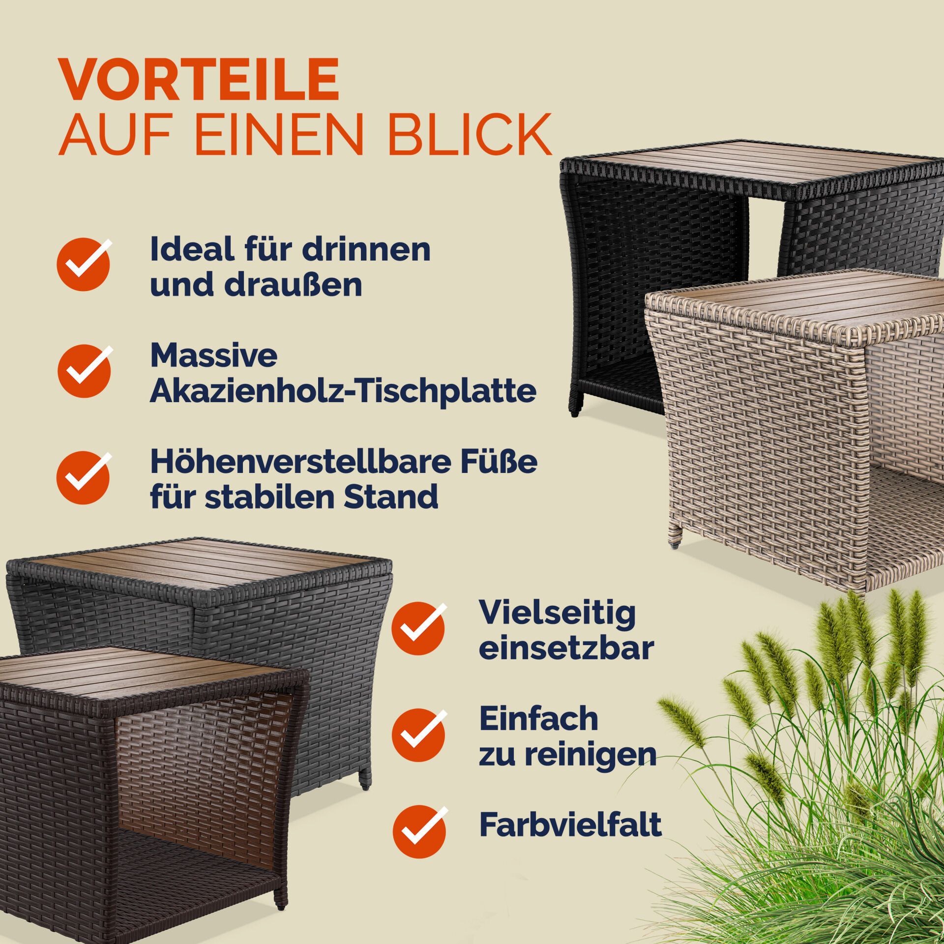 Polyrattan Beistelltisch Grau 40x45x45cm Akazienholz