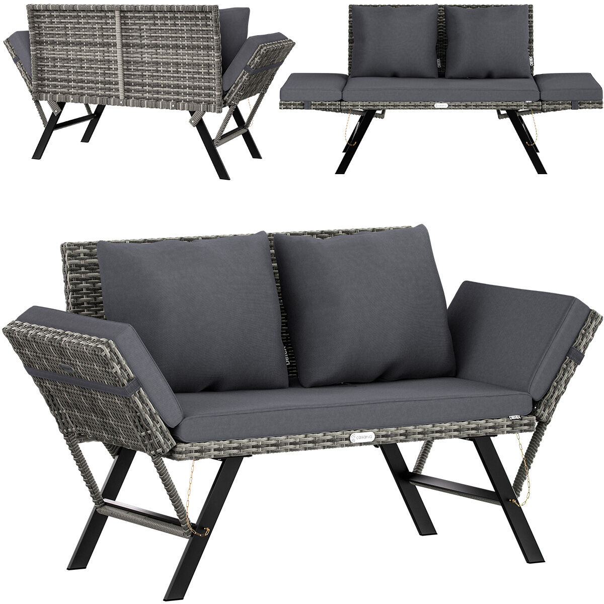 Gartenbank 2in1 Sonnenliege Polyrattan Grau mit 5-7cm Auflage 3 Sitzer