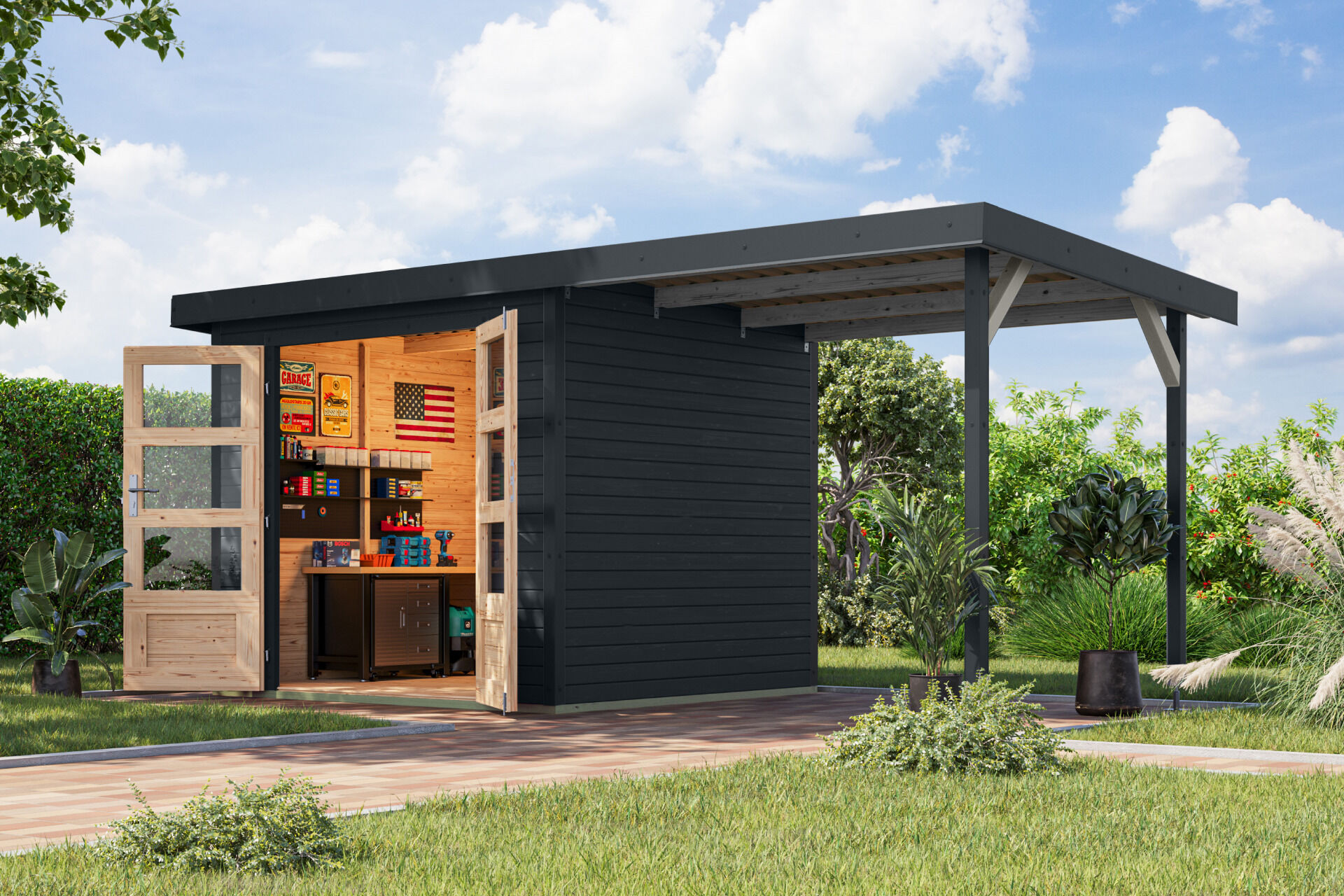 Karibu Pultdach Holz & Metall Gartenhaus Jupiter 3 Set mit Anbaudach 2,35 m, naturbelassen / graualuminium