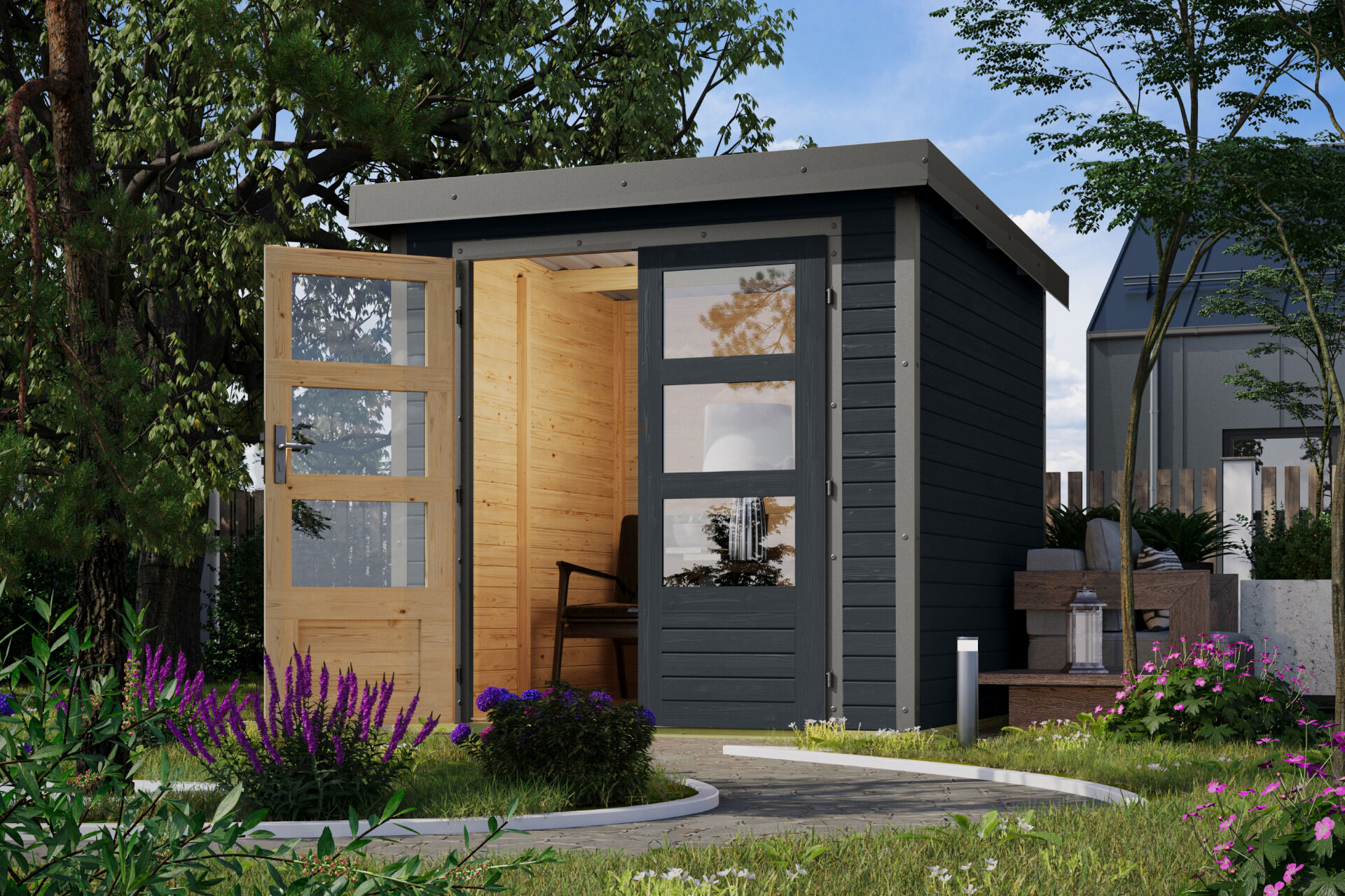 Karibu Pultdach Holz & Metall Gartenhaus Jupiter 2, naturbelassen / graualuminium