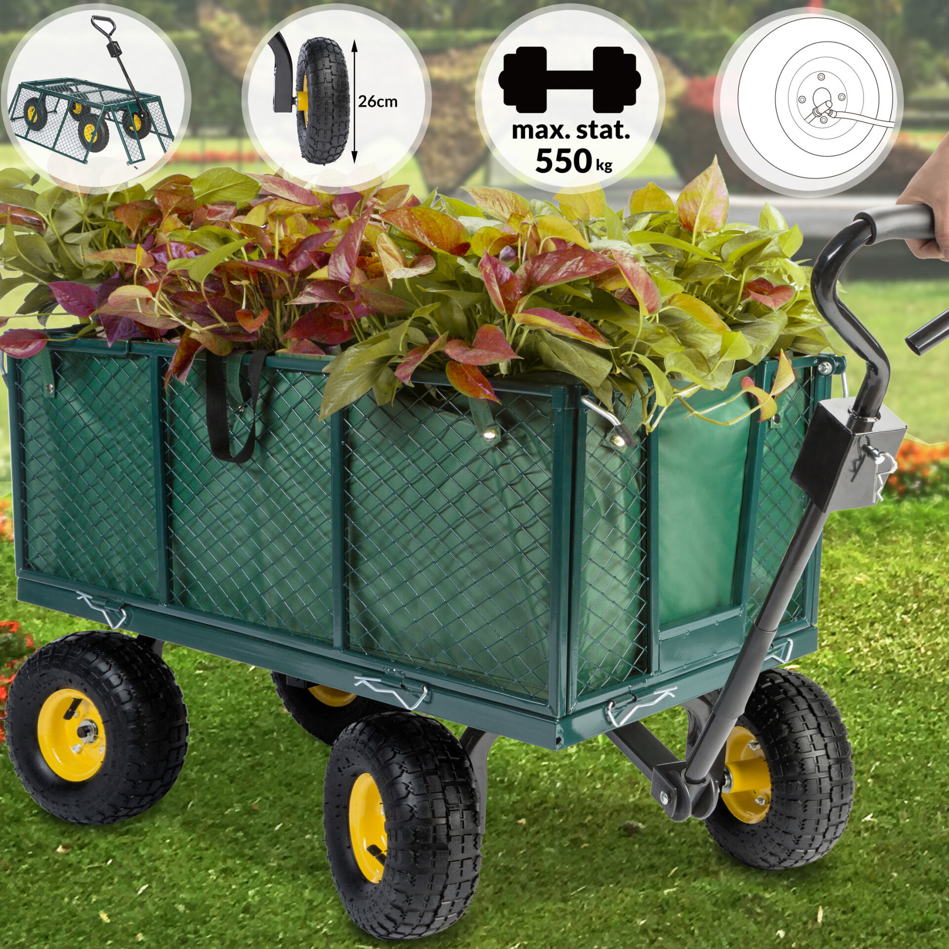 Transportwagen 550 kg Grün 110x75x52cm mit 4 Luftreifen + Plane