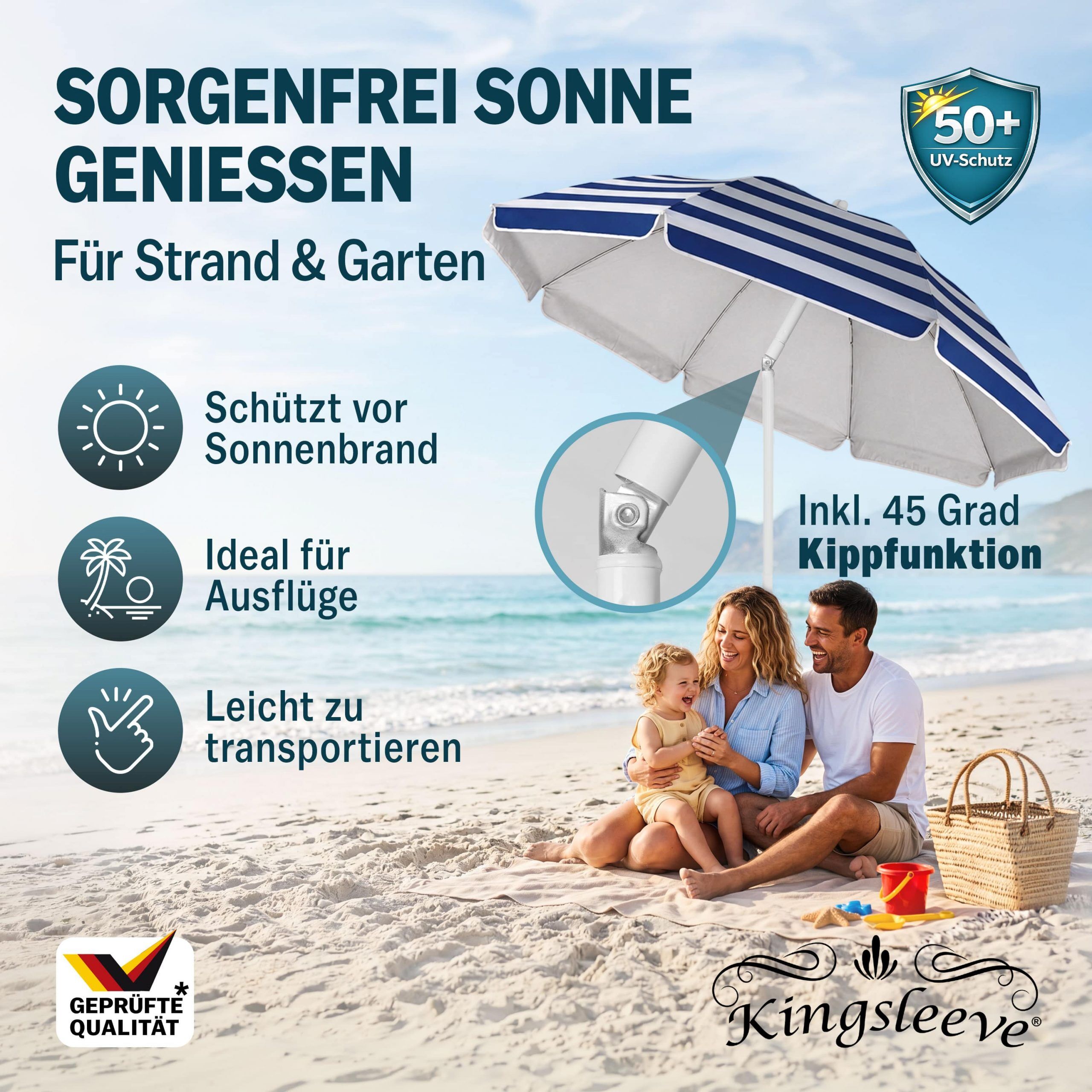 Sonnenschirm Cyprus Blau/Weiß 180cm UV-Schutz 50+ Neigefunktion