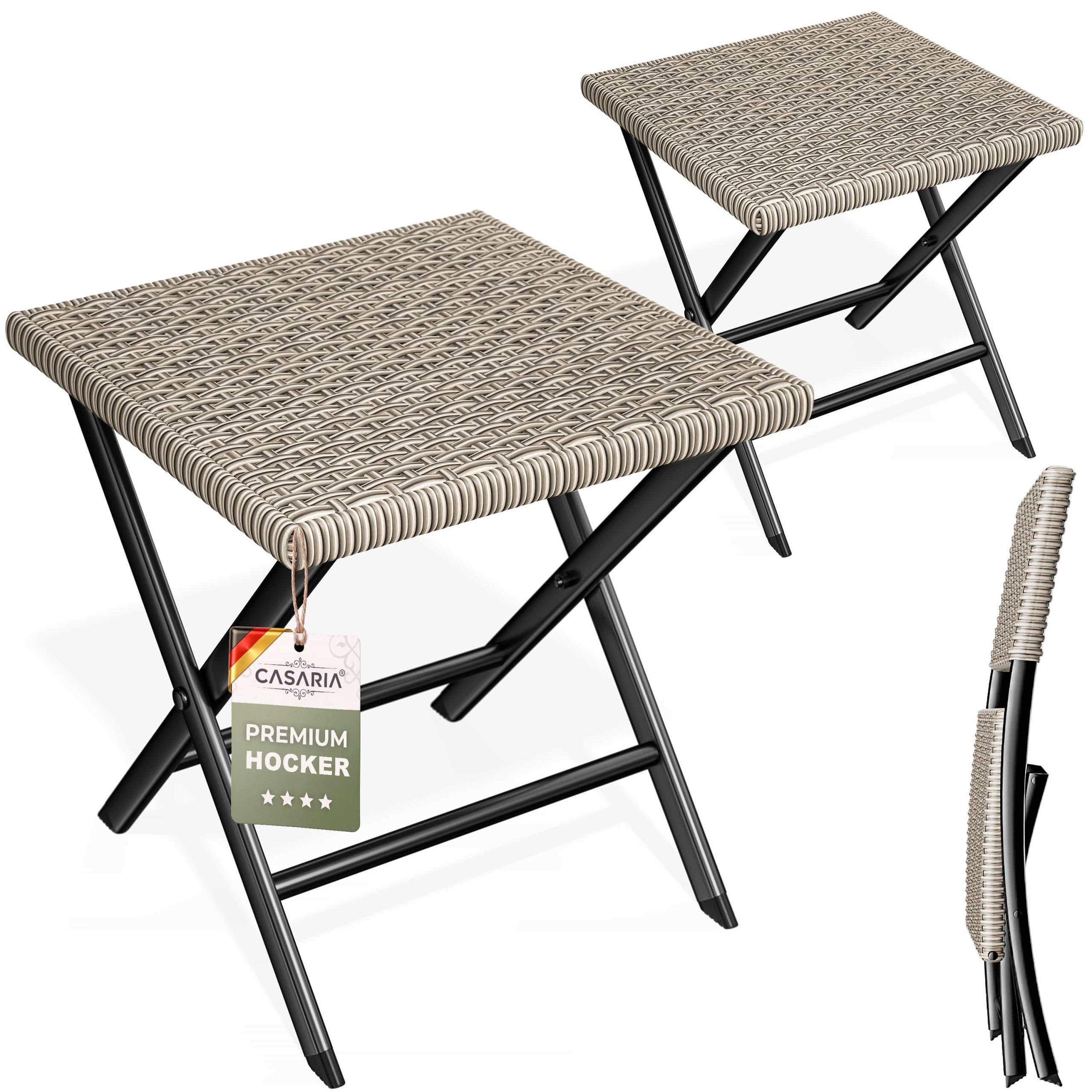 Polyrattan Klapphocker Creme 2er-Set 3in1 120kg Belastbarkeit 43x40x44cm klappbar leicht tragbar außen wetterfest