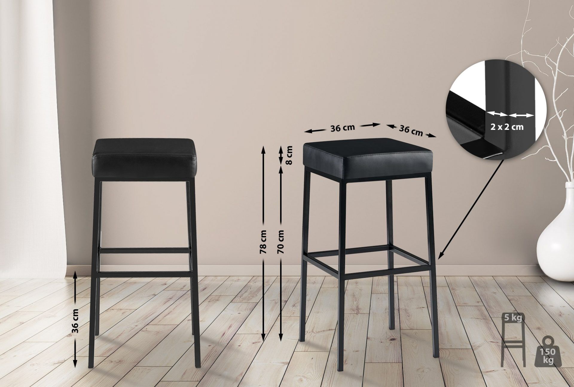 2er Set Barhocker Montreal 80 Kunstleder schwarz, schwarz