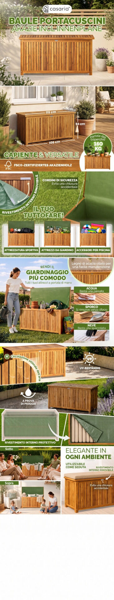 Gartenbox Akazienholz 115x50x59cm mit Innenplane wetterfest 205L
