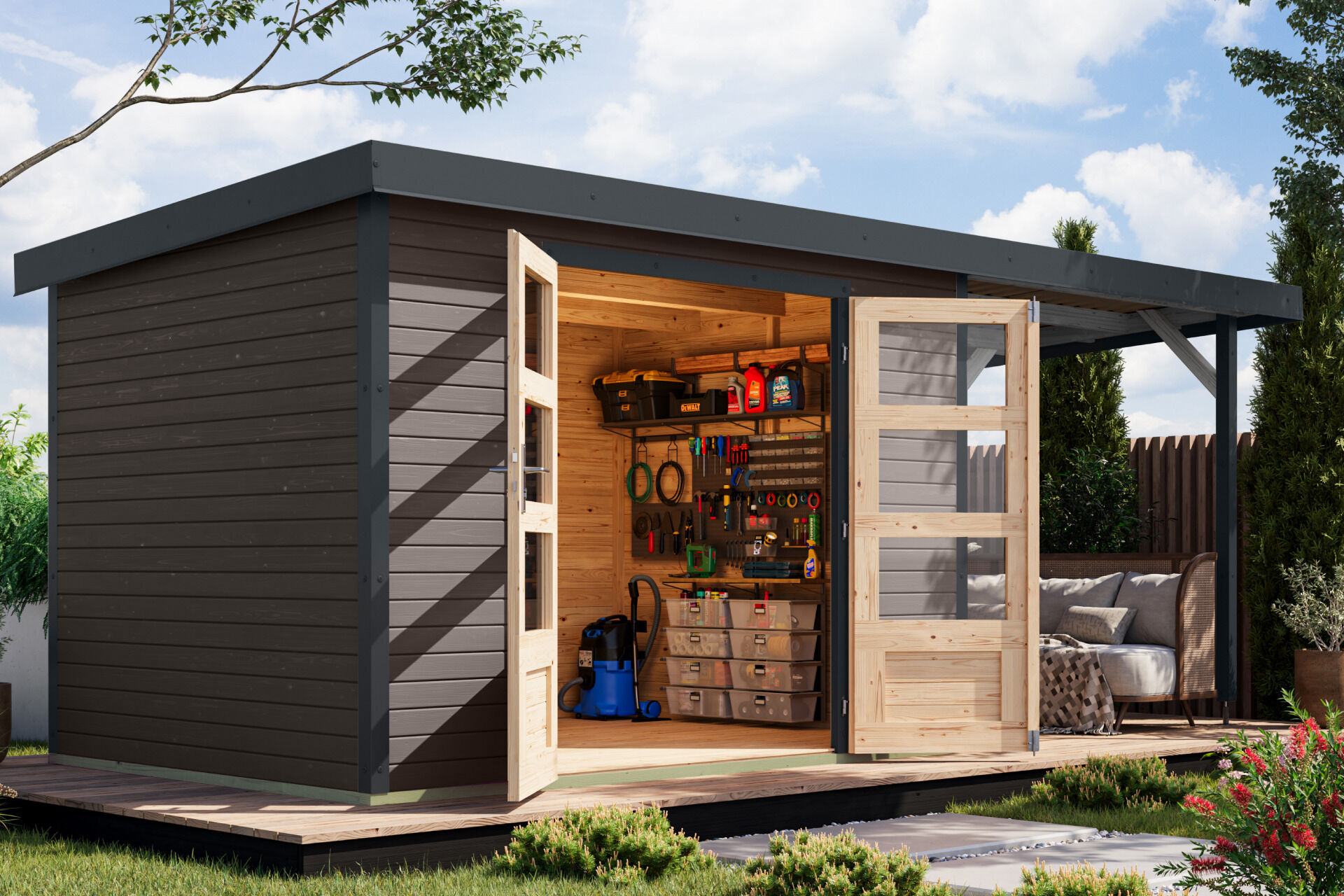 Karibu Pultdach Holz & Metall Gartenhaus Jupiter 4 Set mit Anbaudach 2,35 m, naturbelassen / graualuminium