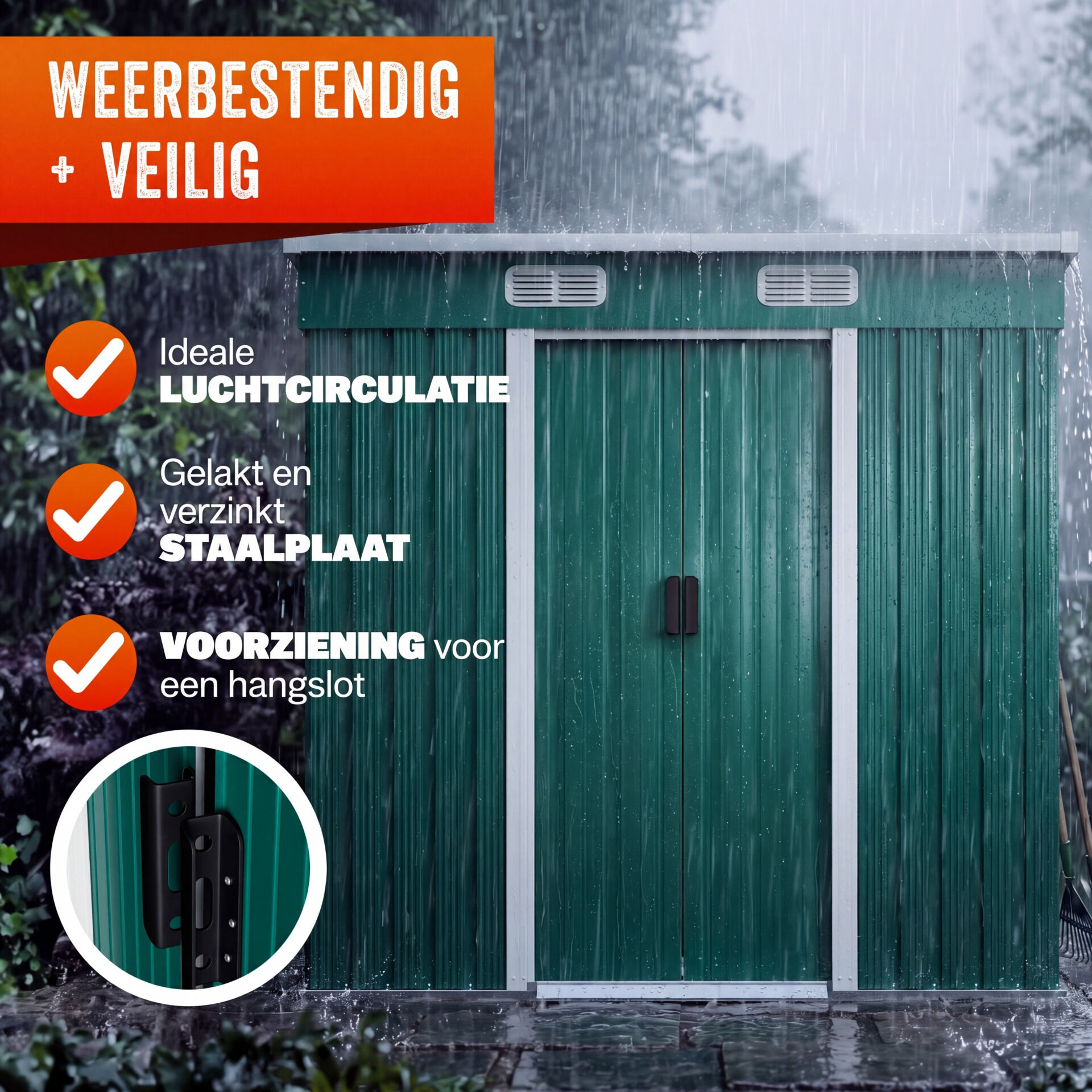 Geräteschuppen Grün 200x125x180cm 2m² Stauraum verzinkt Schiebetür 4 Haken