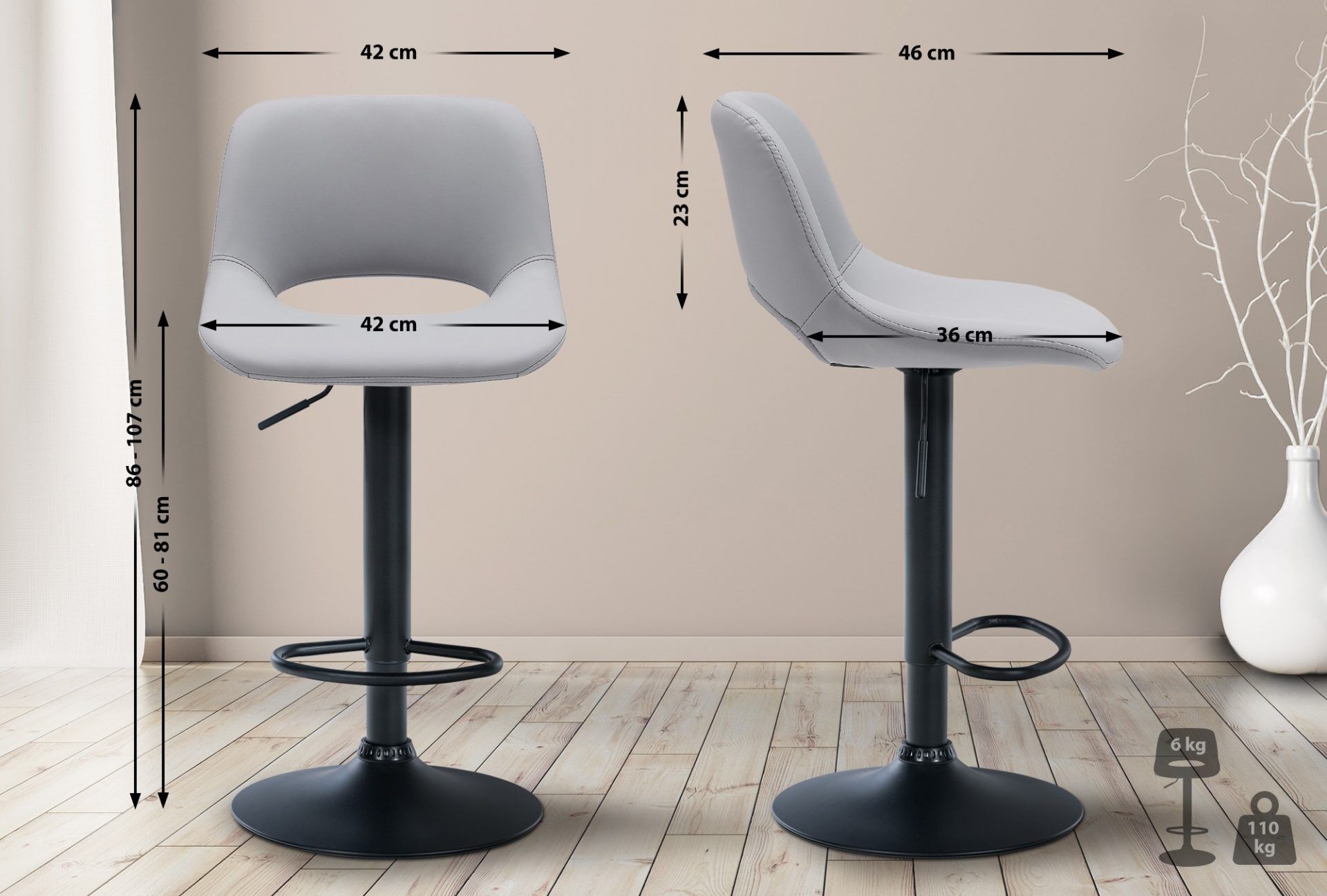 2er Set Barhocker Camden Kunstleder schwarz, grau
