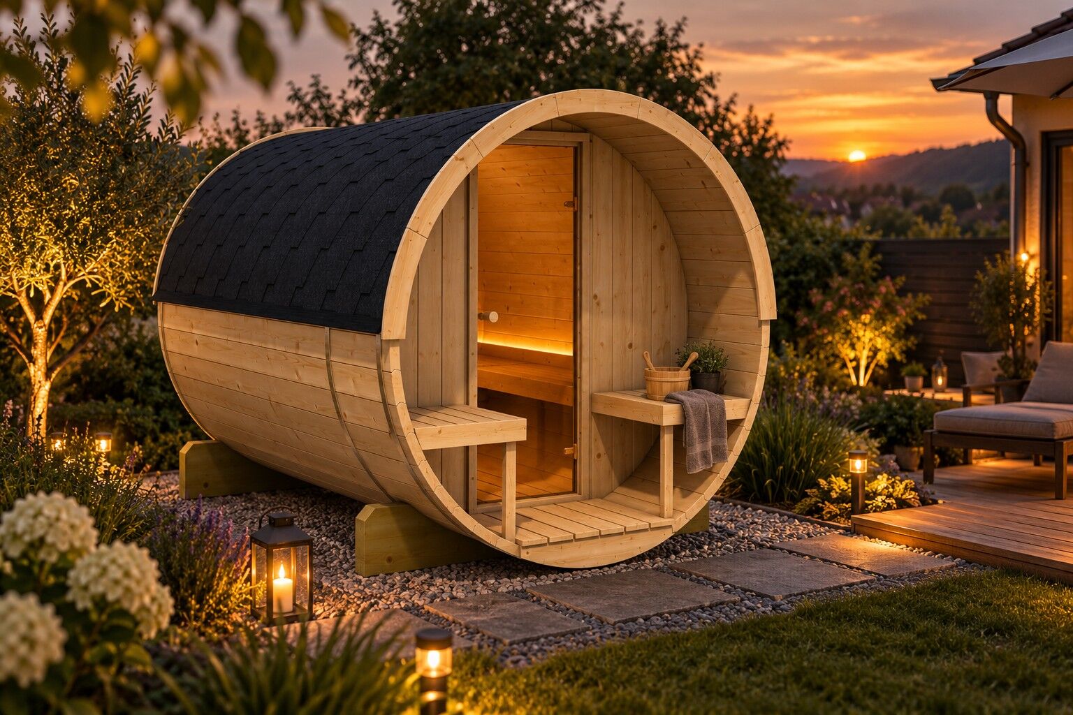 SPANOVA Fasssauna Mika – 300 cm mit Terrasse