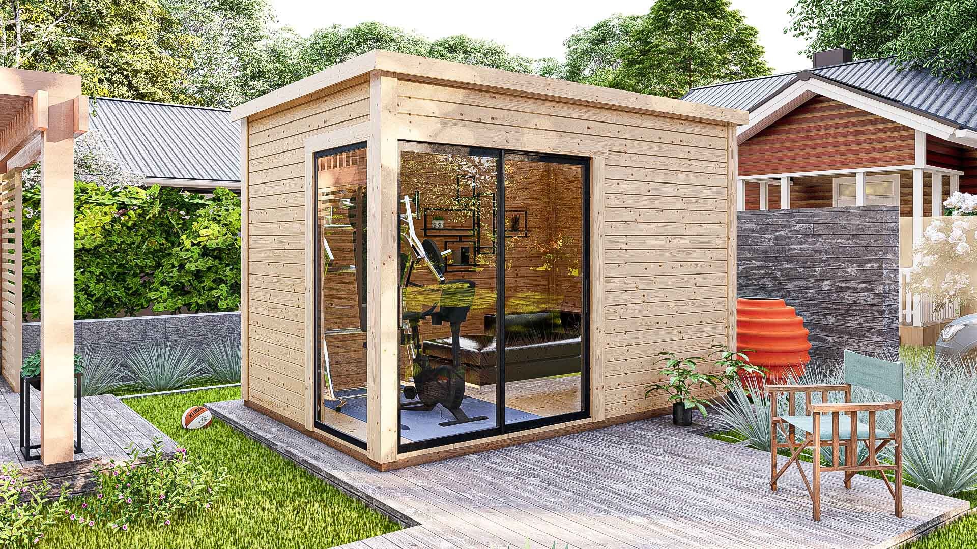 Gartenhaus Sydney 38 Holz Flachdach mit Schiebetür und Fenster