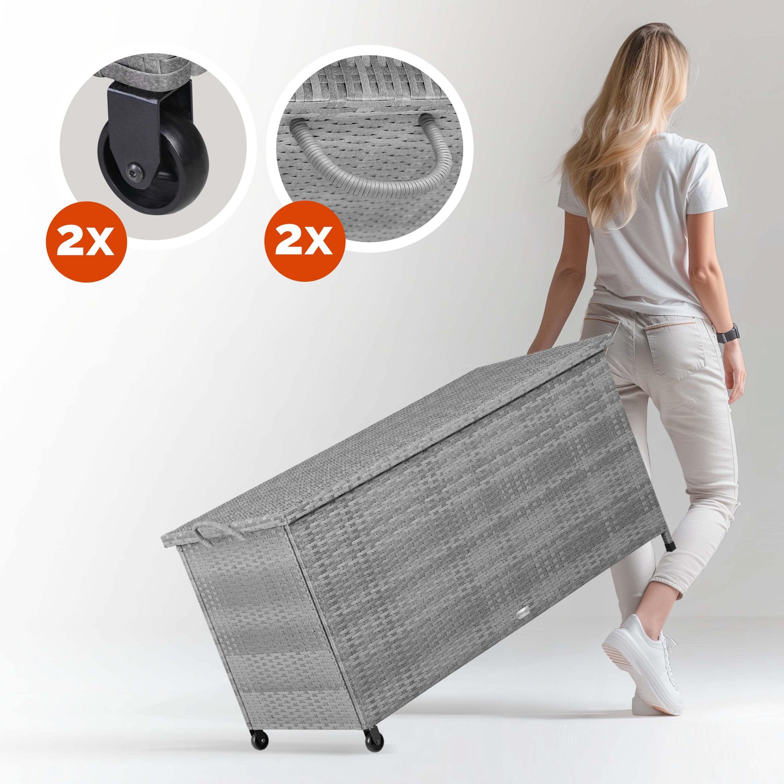 Gartenbox Polyrattan Grau 117x53x60cm mit Griffen + Rollen