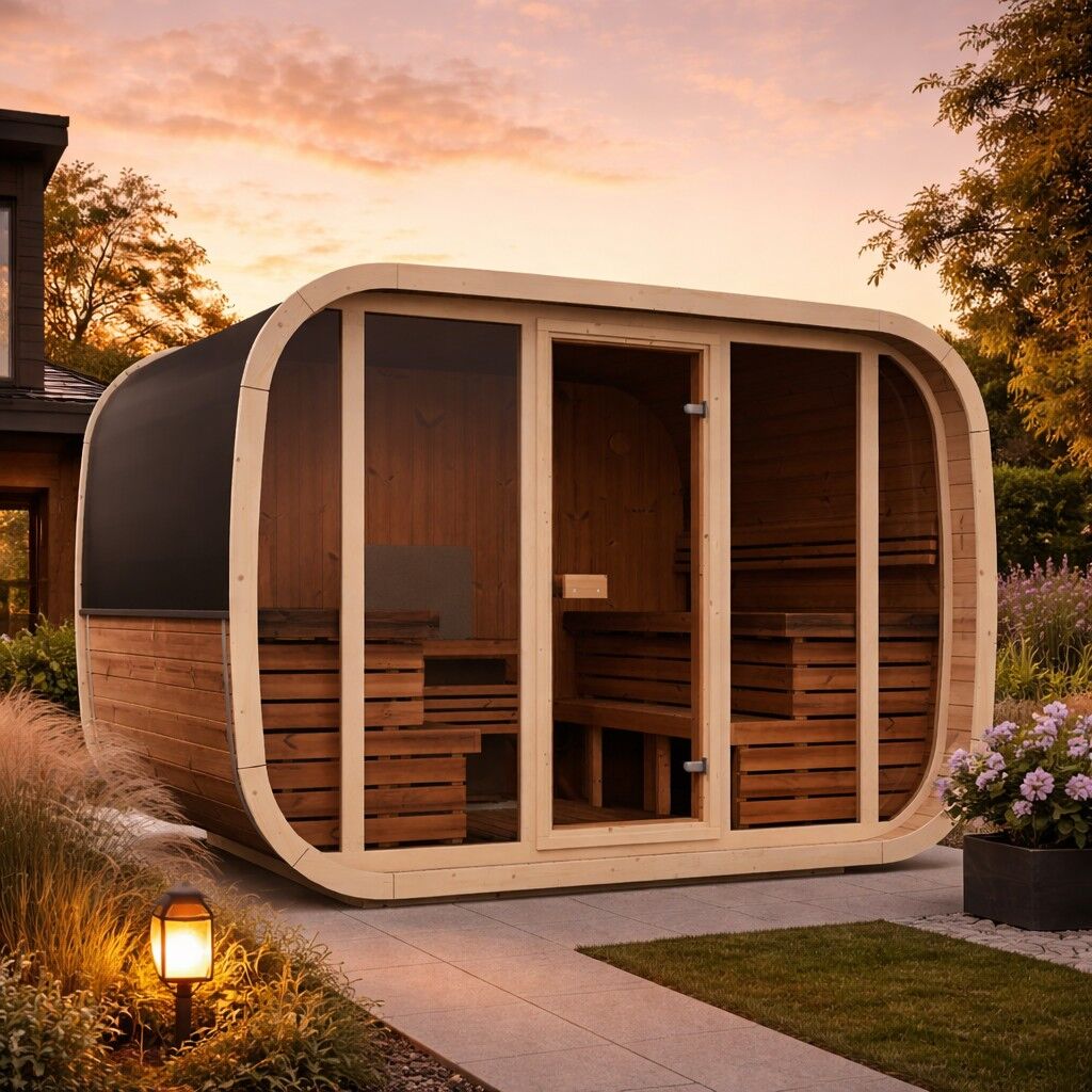 Fasssauna mit Vollglas mit Thermoholz im Garten
