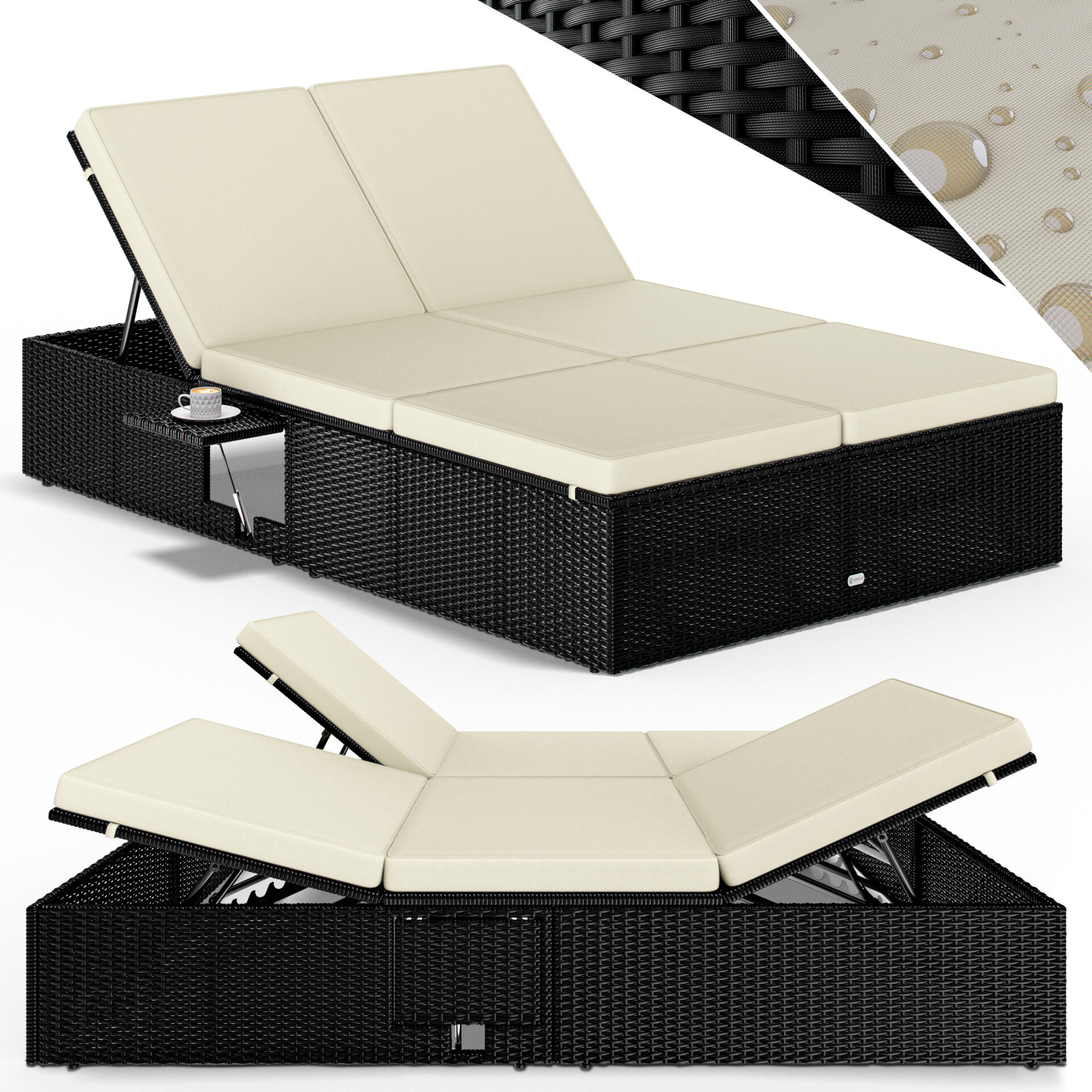 Polyrattan Gartenliege Schwarz/Creme 200x115x33cm