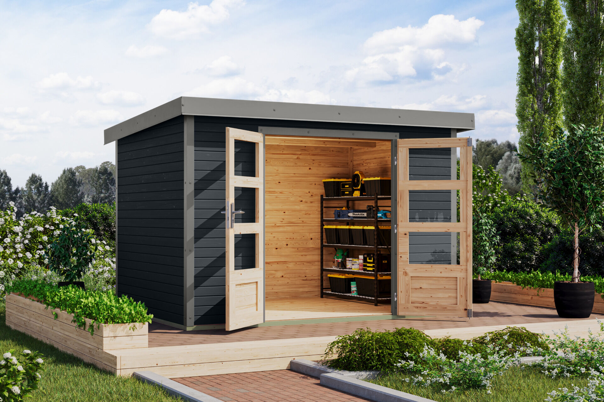Karibu Pultdach Holz & Metall Gartenhaus Jupiter 4, naturbelassen / graualuminium