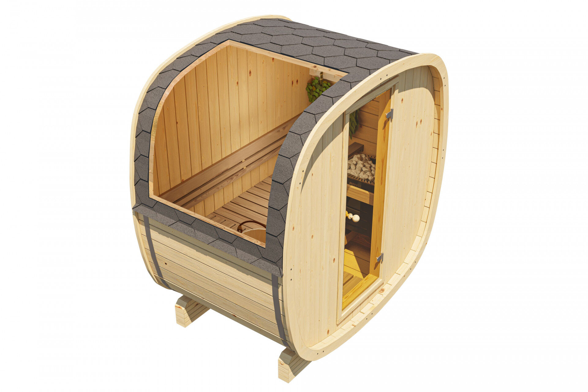 Finn Art Fasssauna Quadro 130 Standard naturbelassen, Innenansicht mit Bank, Rückenlehne, Elektroofen