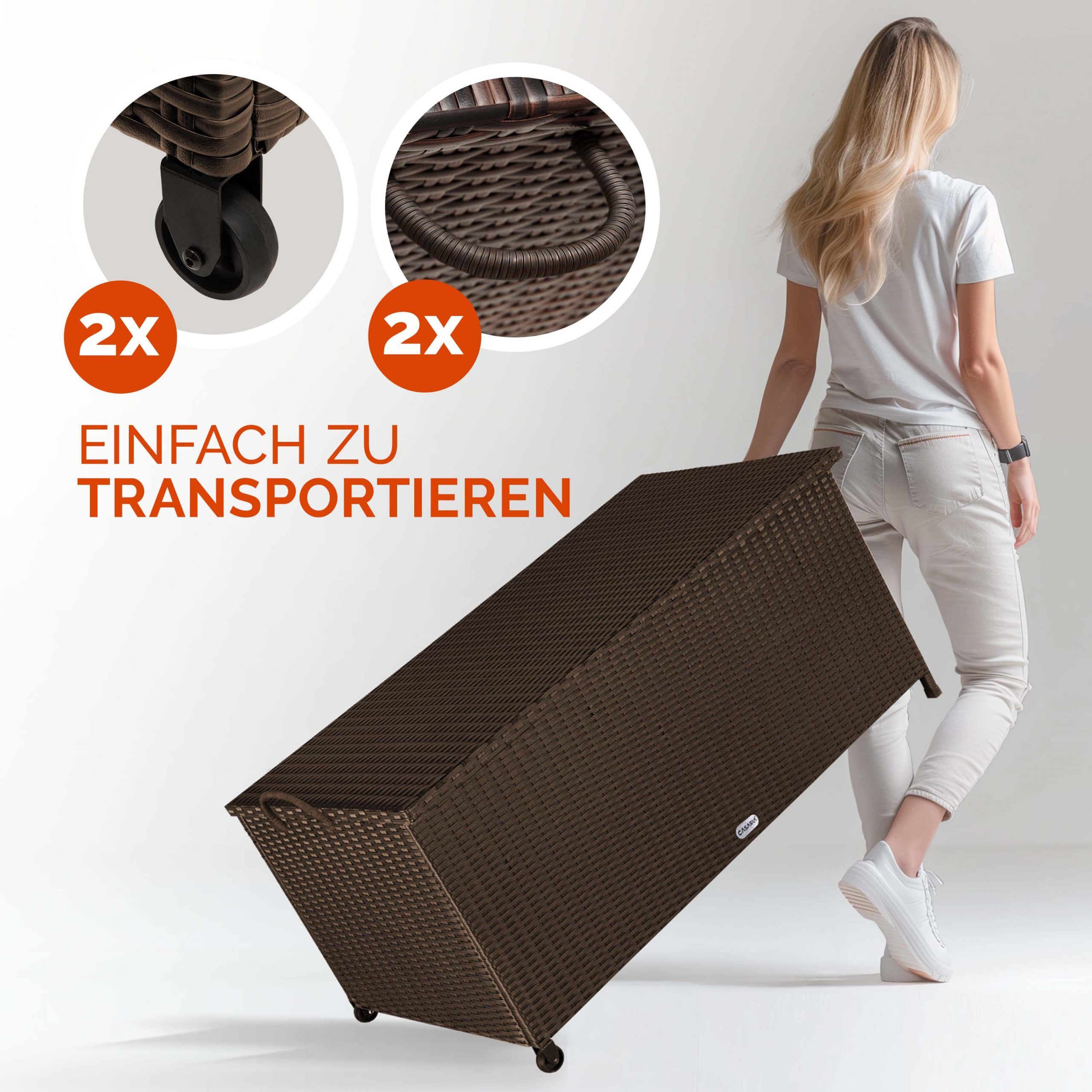 Gartenbox Polyrattan Braun 117x53x60cm mit Griffen + Rollen