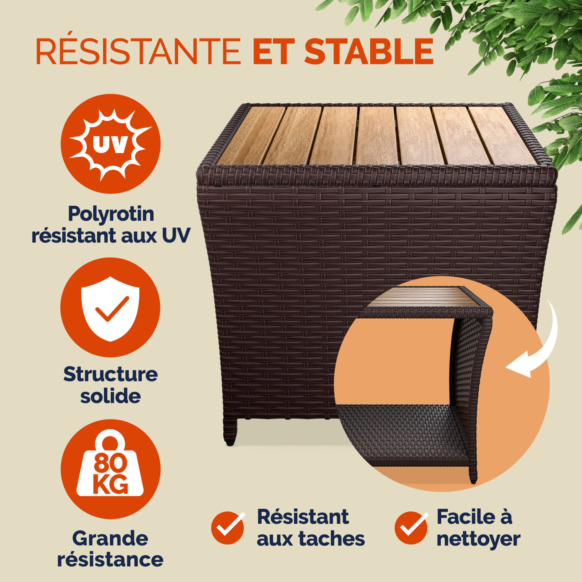 Polyrattan Beistelltisch Braun 40x45x45cm Akazienholz