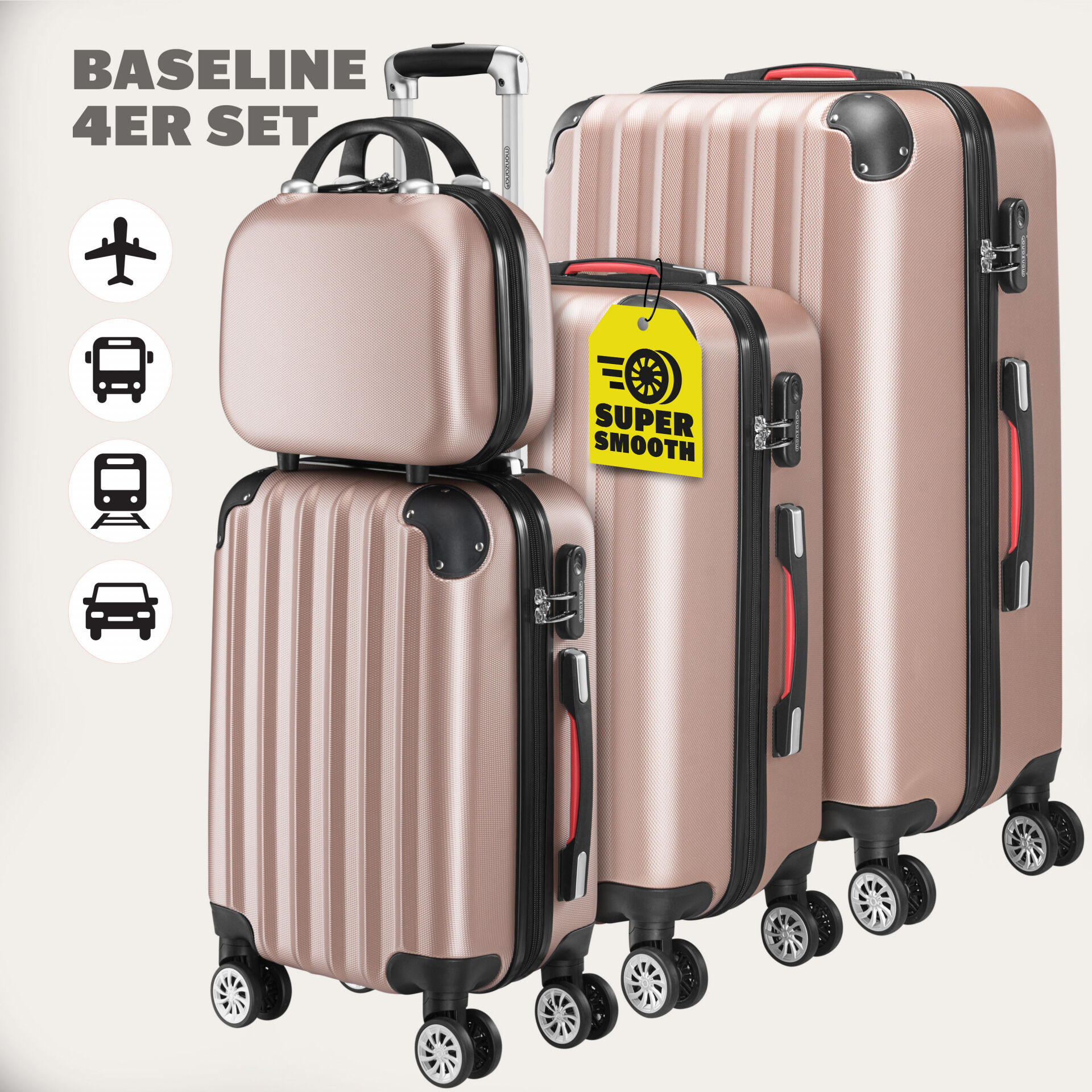 Hartschalenkoffer Set 4-tlg mit Zubehör Rollen 360º Rosé ABS