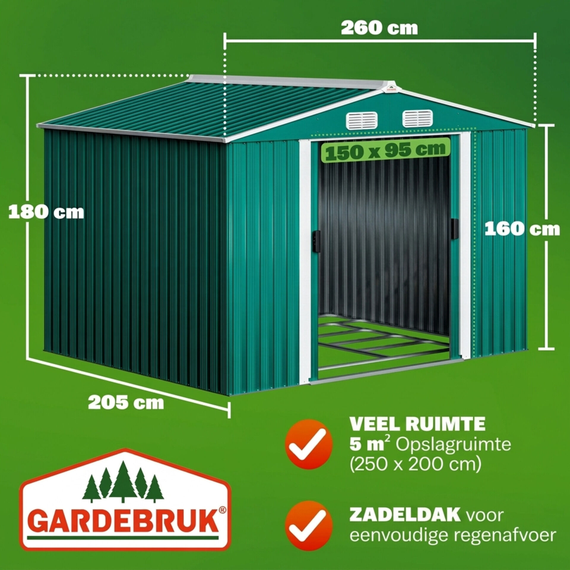 Geräteschuppen Grün 260x205x180cm 5m² verzinkter Bodenkranz Schiebetür