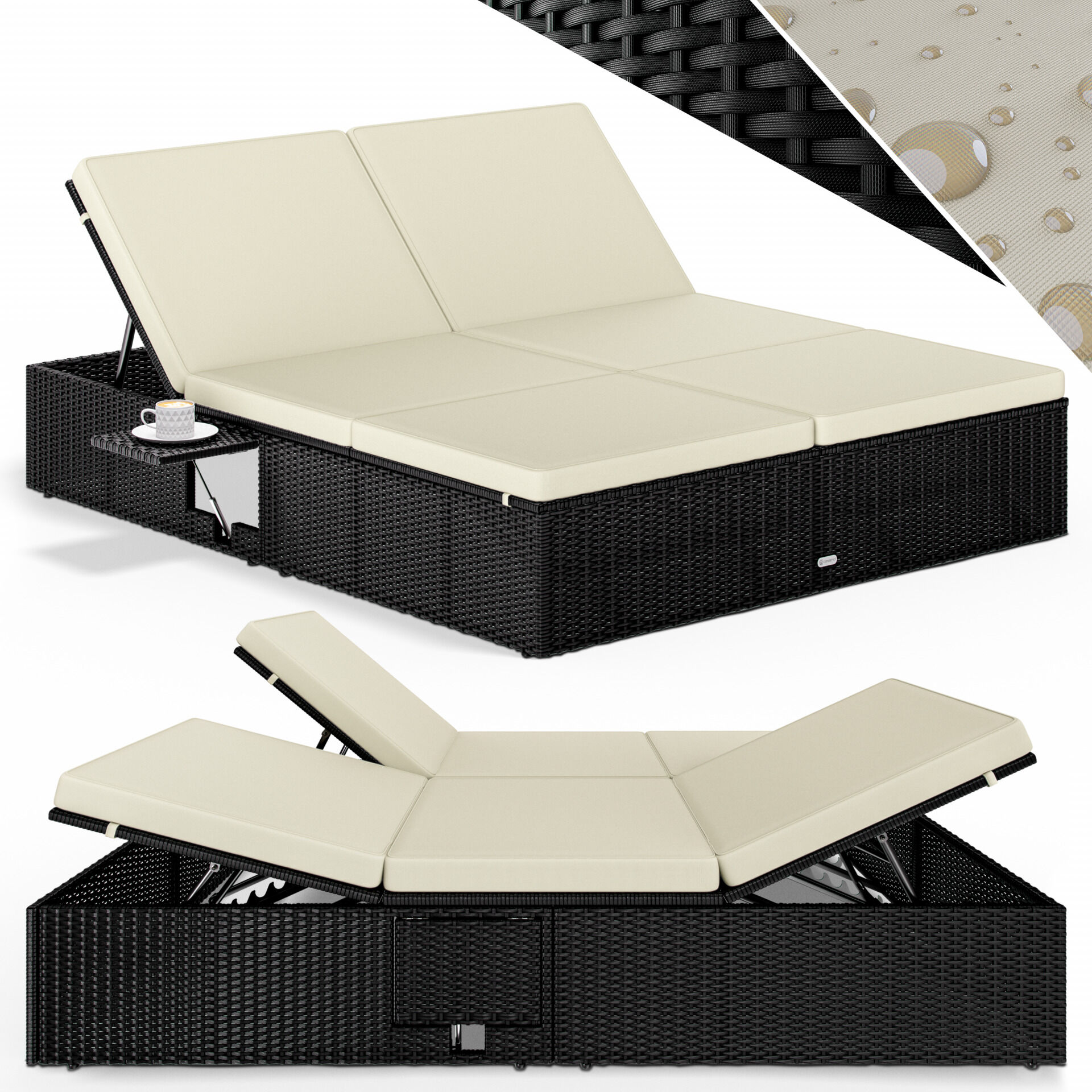 Polyrattan Sonnenliege Schwarz/Creme 200x160x33cm