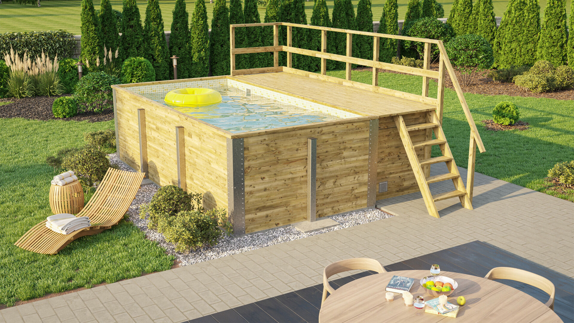 weka Massivholzpool 595 Gr. 1, Folie Sand/Mosaic, inkl. Technikraum/Sonnendeck und Sandfilteranlage, 6 Metallstützen