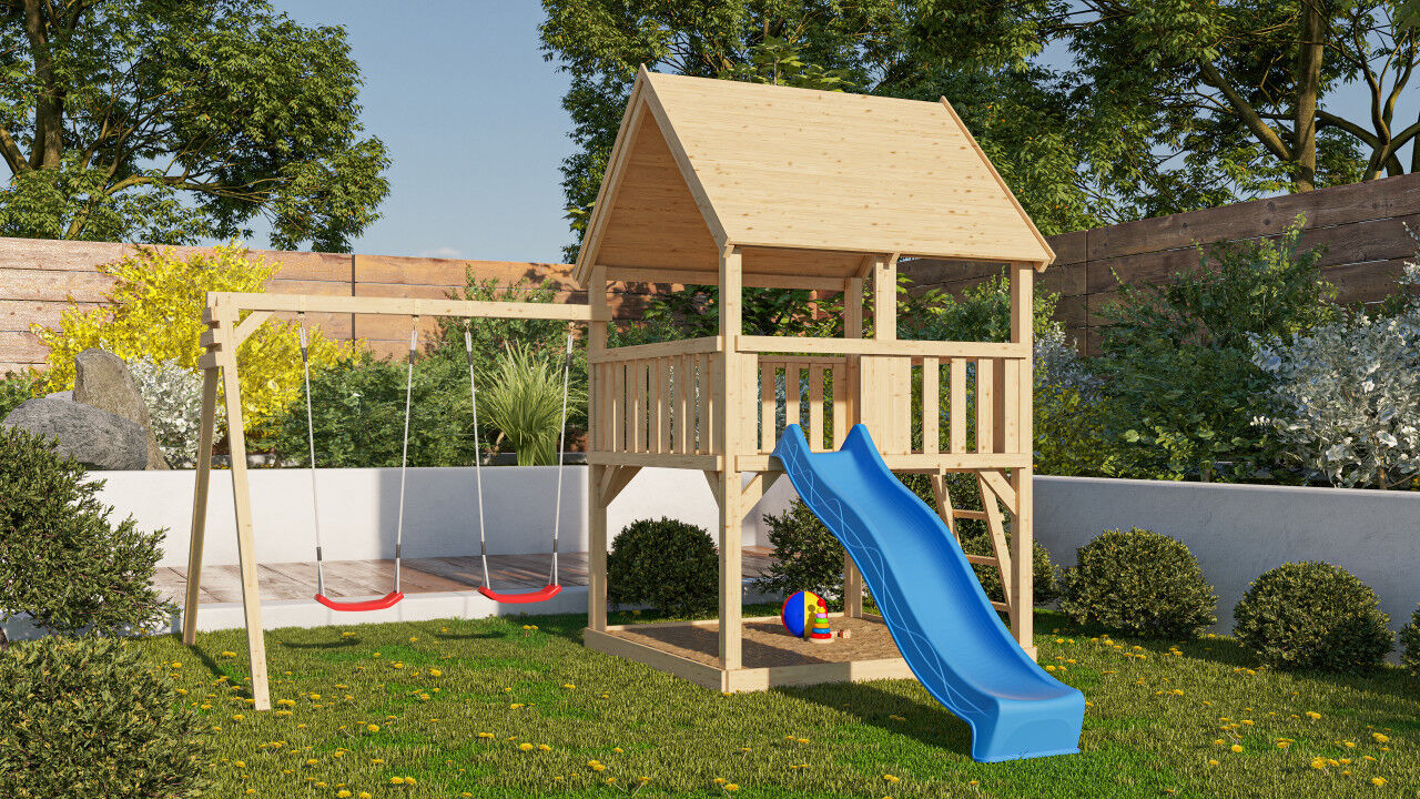 Spielturm Luis Satteldach SET mit Doppelschaukel und Rutsche blau