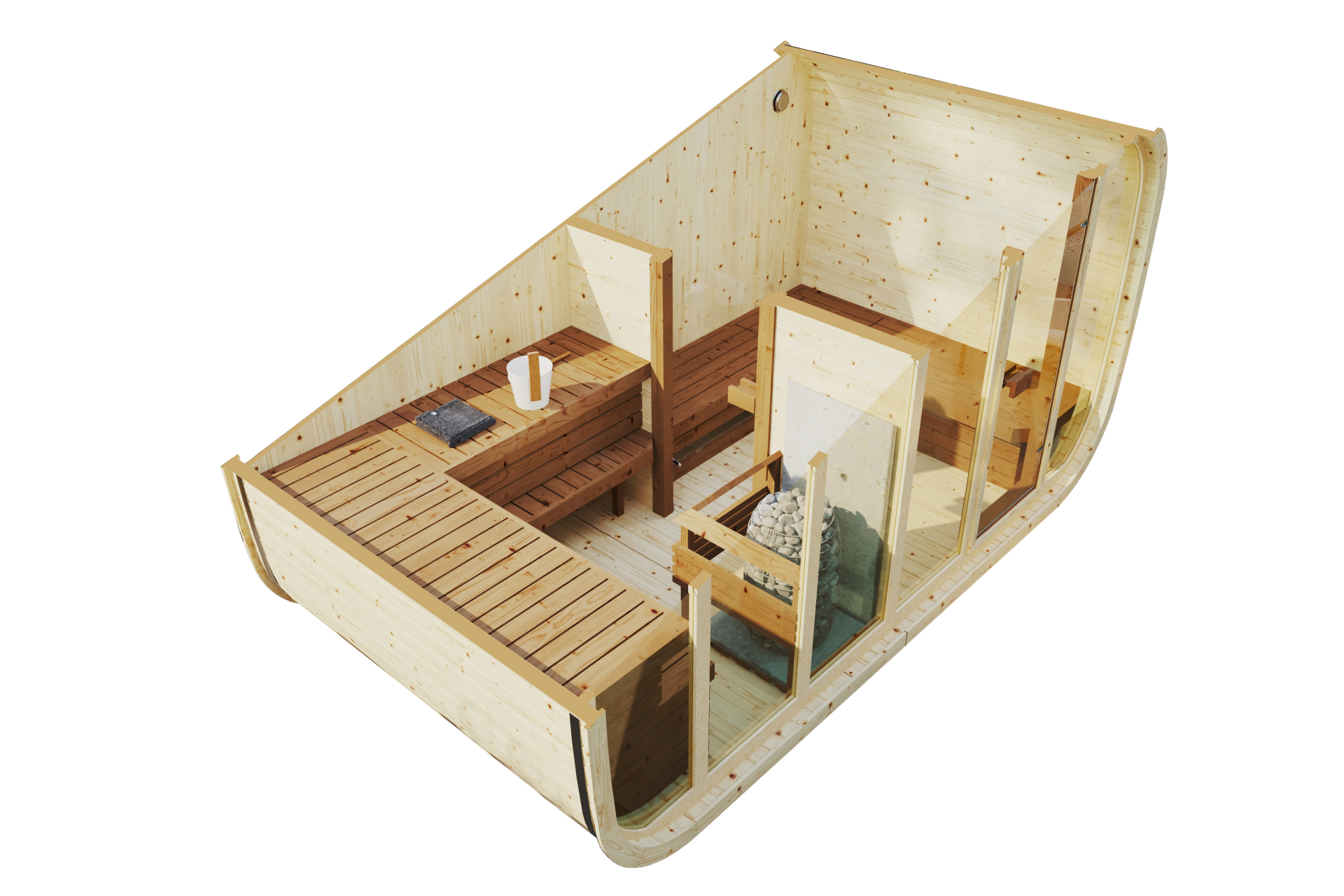 Finn Art Fasssauna KLAAR Premium 420x230 – Thermoholz Gartensauna mit Panorama-Glasfront, Fichte