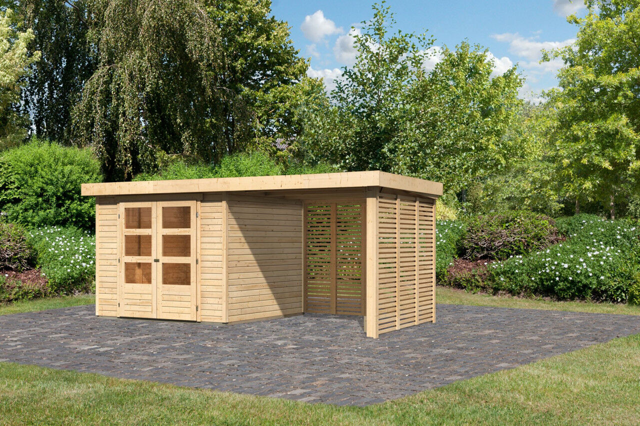 Flachdach Gartenhaus Askola 3,5 im Set mit Anbaudach 2,40 m und Feuerholzoption natur