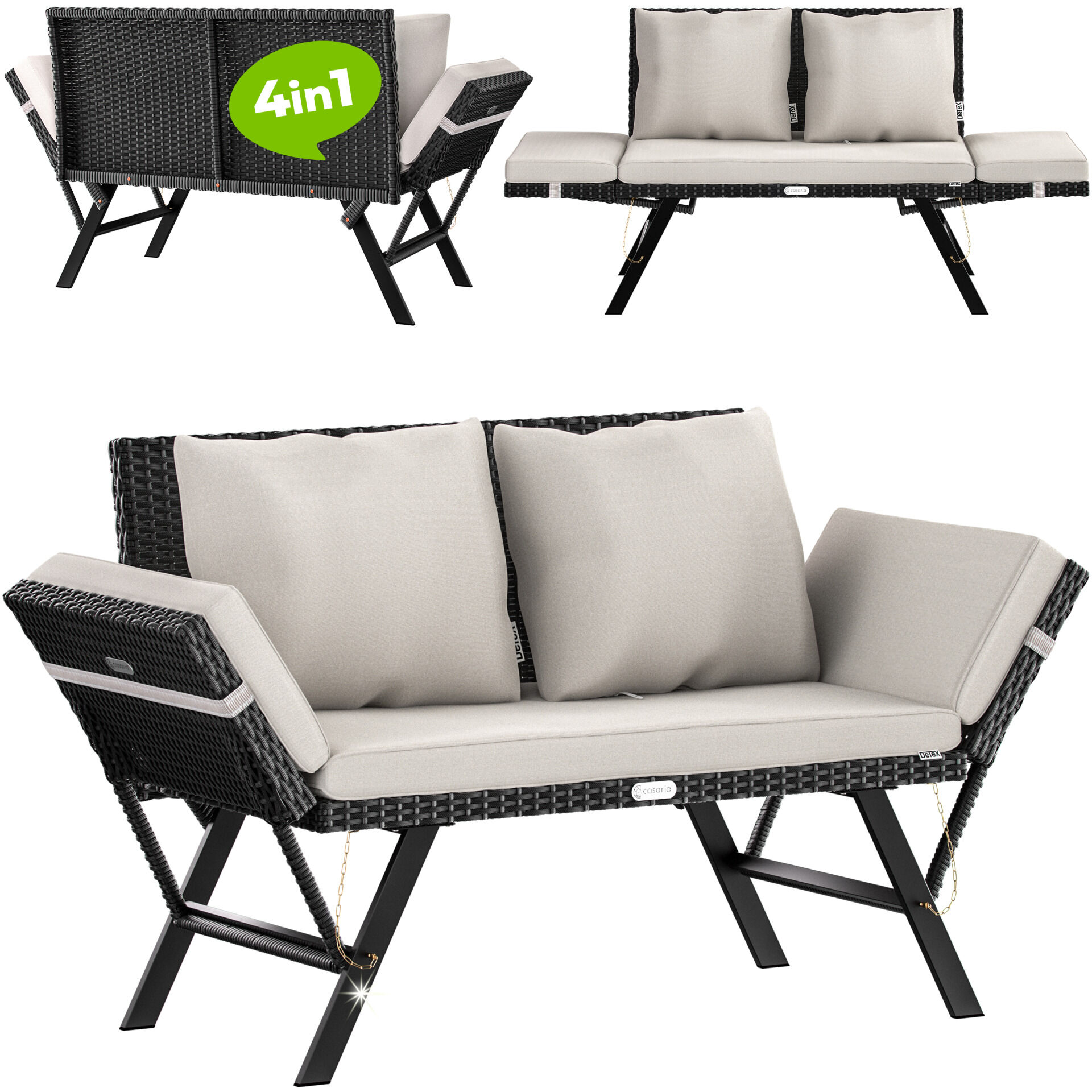 Polyrattan Gartenbank Schwarz/Creme 176x56x81cm