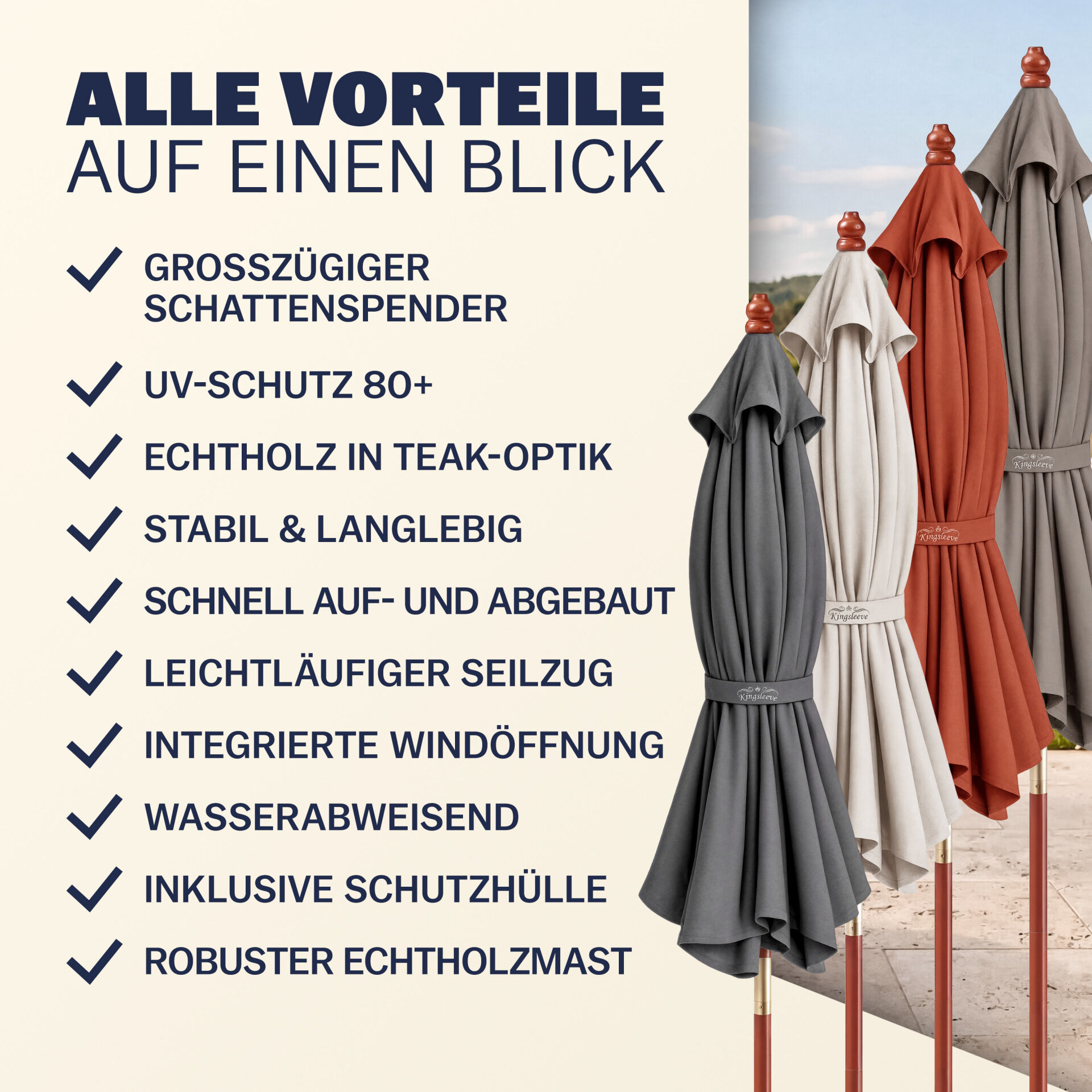 Sonnenschirm Holz Beige Ø330cm UV-Schutz 80+