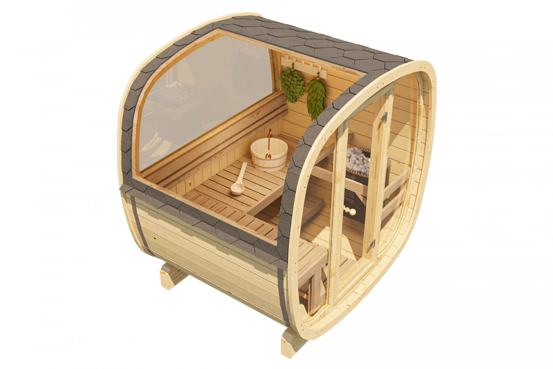 Finn Art Fasssauna Quadro 160 Standard, Vollglas Front, Halbglas Rückwand, Innenansicht Bänke, Elektroofen, Wasserkübel und Aufgusskelle