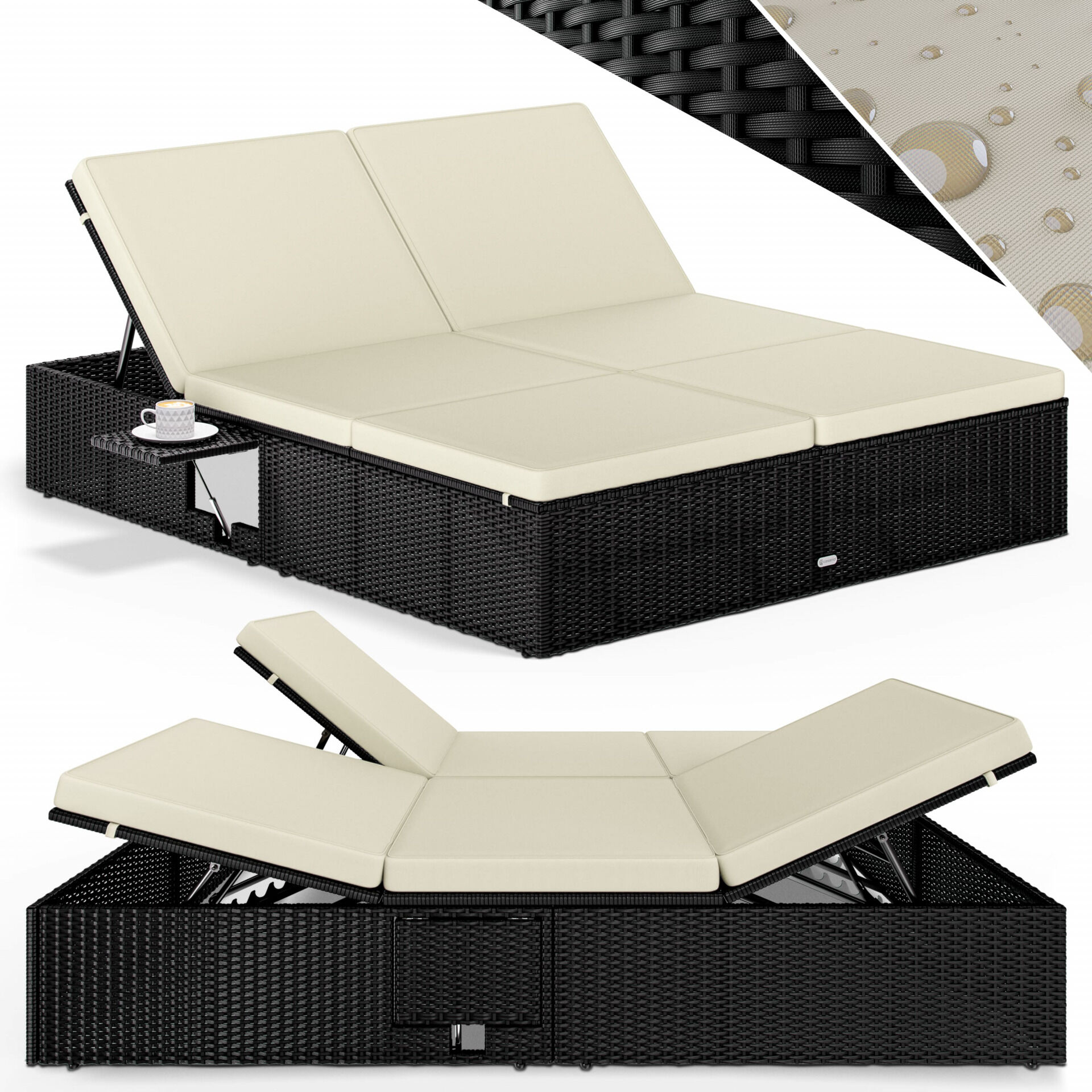 Polyrattan Sonnenliege Schwarz/Creme 200x160x33cm