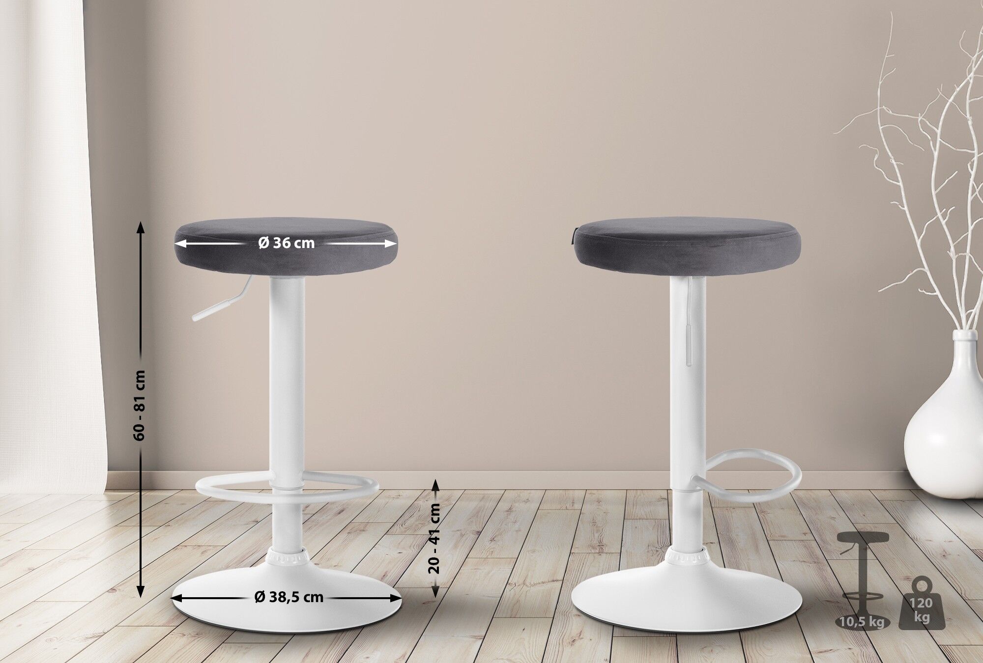 2er Set Barhocker Ponte Samt weiß, dunkelgrau