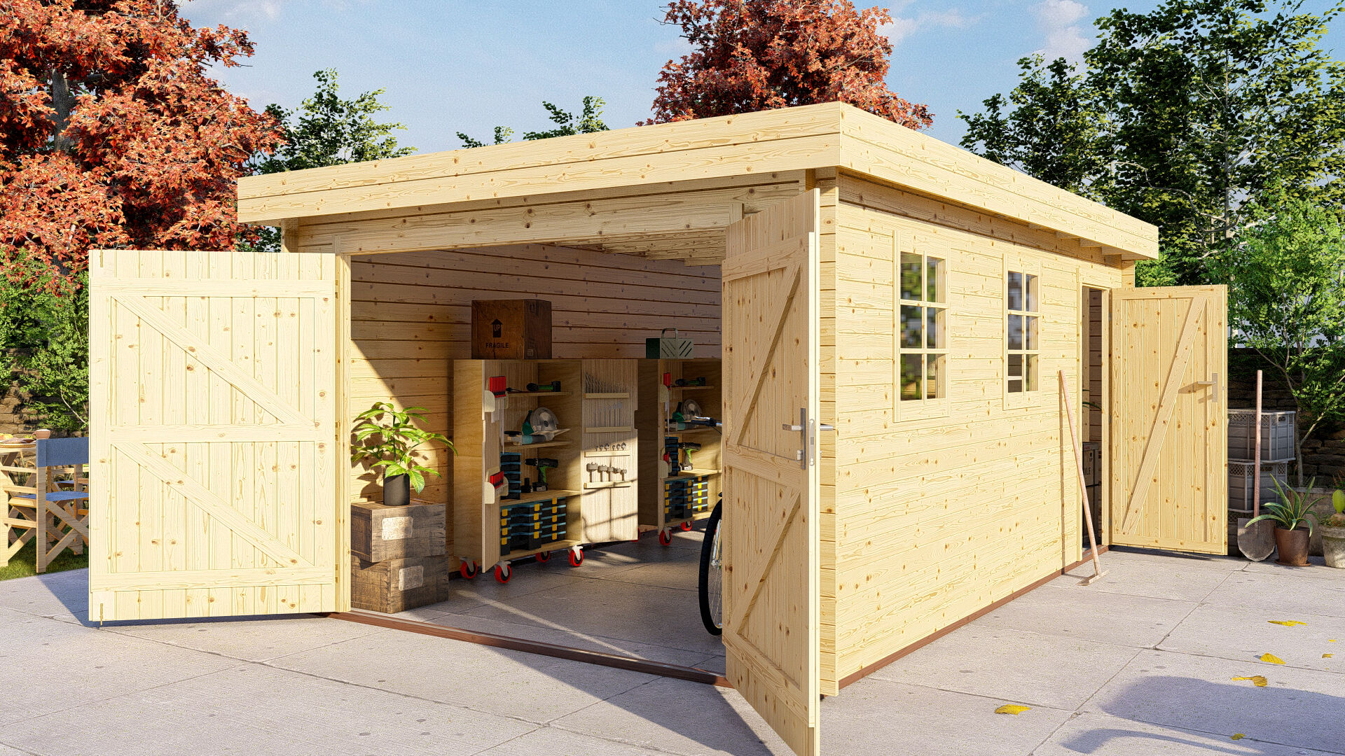Flachdach Holzgarage Schweden 51 – 28 mm Blockbohlen Garage mit Seitentür & Doppeltor
